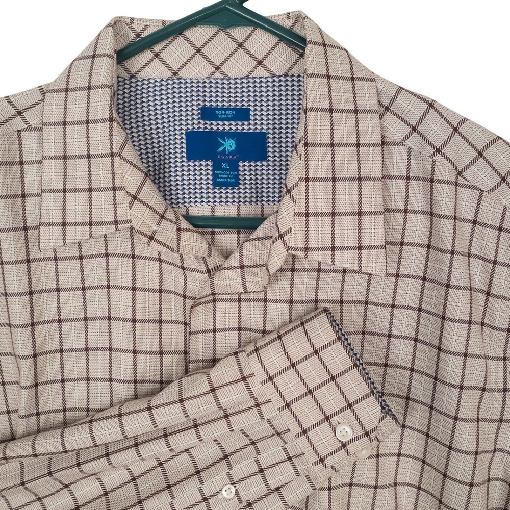 Egara Button Down Shirt Mens XL Slim Fit Tan/Brown windowpane plaid‎ 100% Cotton